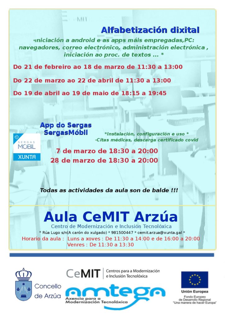 A aula CeMIT do Concello de Arzúa oferta varios cursos de alfabetización dixital e dous obradoiros da app do sergas