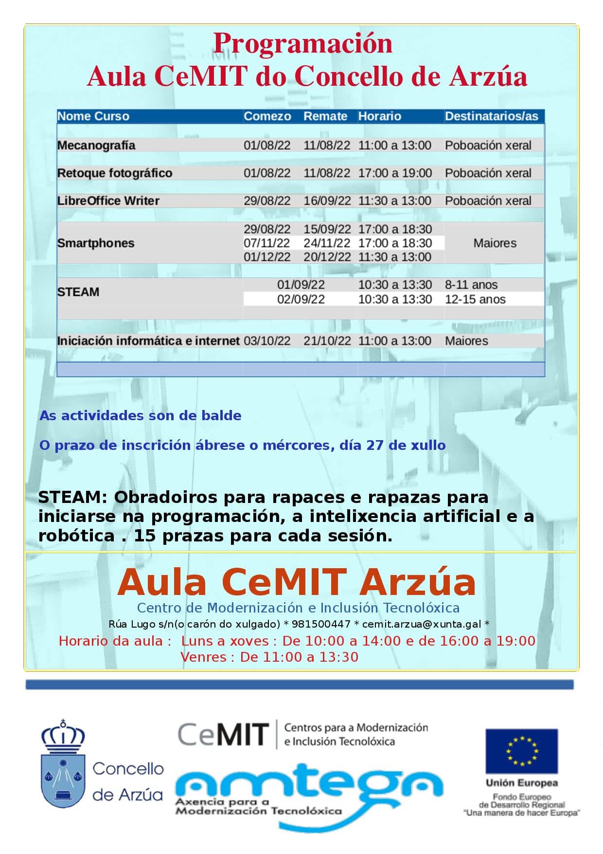 Ampla oferta formativa da aula CeMIT do concello de Arzúa ata final de ano